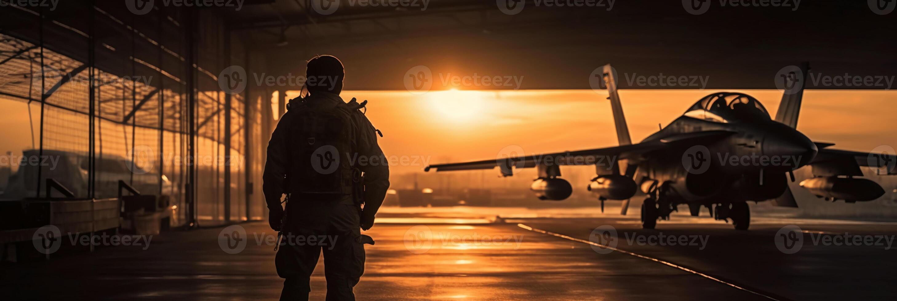 Sunset backlit view of military fighter jet pilot beside parked military airforce plane next to barracks or hangar as wide banner with copyspace area for world war conflicts. photo