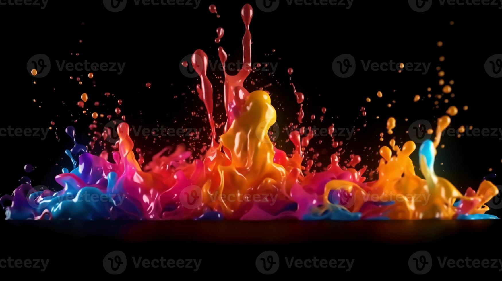 Paint drop. Ink water. Cold flame. Burning ice. Red orange blue color gradient glowing glitter fluid splash on dark black abstract art background. photo