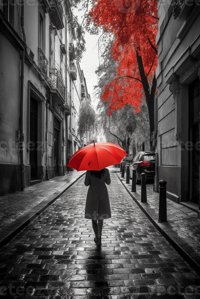 rojo paraguas en mano de mujer caminando en un incoloro calle. ai generativo foto