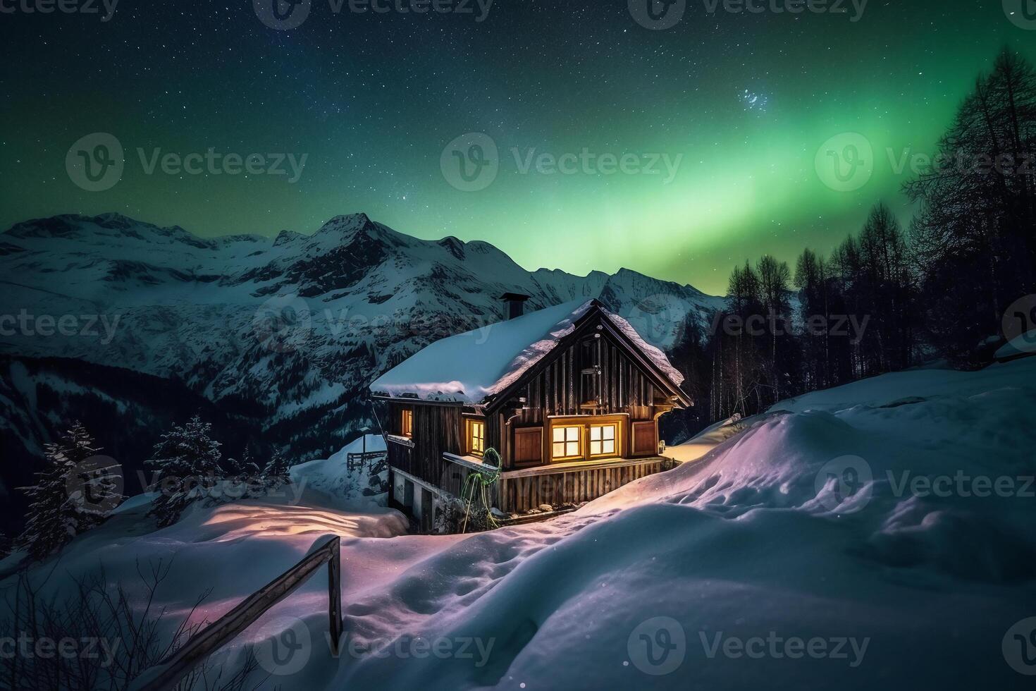 Aurora, Swiss Alps, star, snow, winter. photo