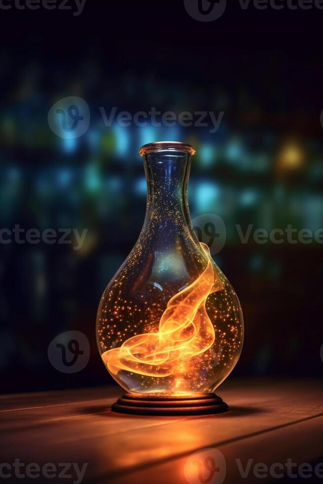 Glowing galaxy in a glass bottle. photo