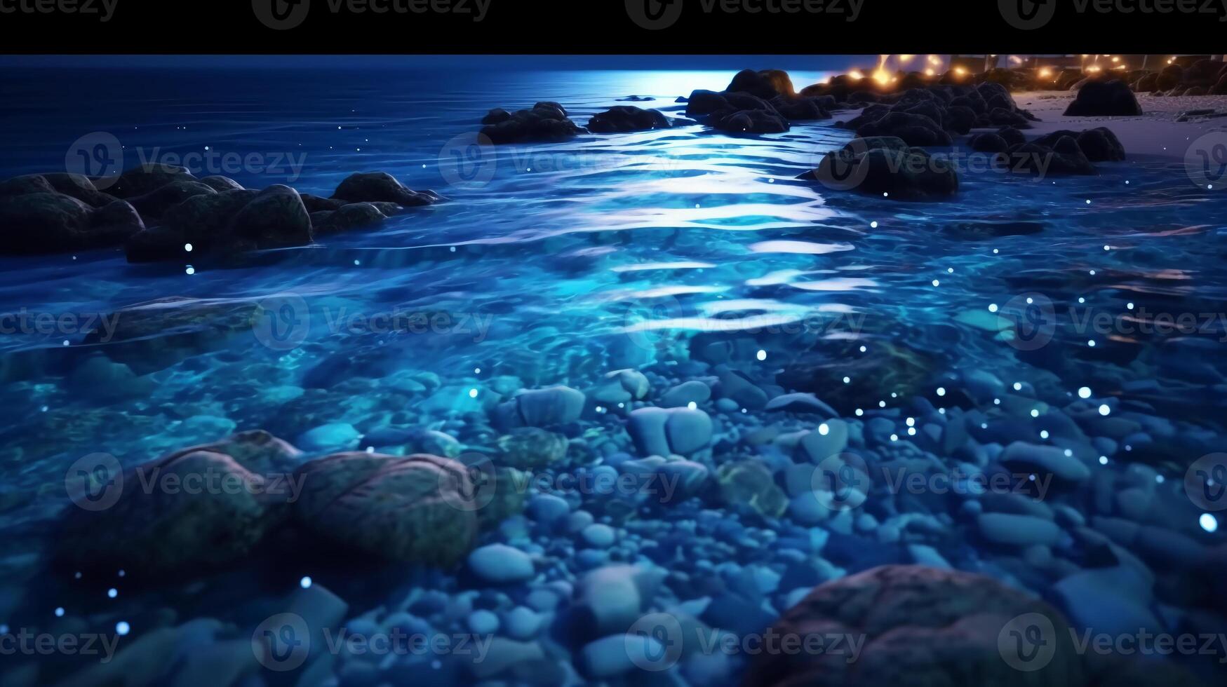 Ocean shore at night, the water is full of dinoflagellates, glowing with millions bright blue neon glow in the dark tiny dots. photo