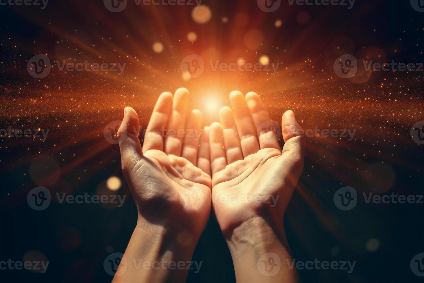 Human hands open palm up worship with faith in religion and belief in God on blessing background. photo