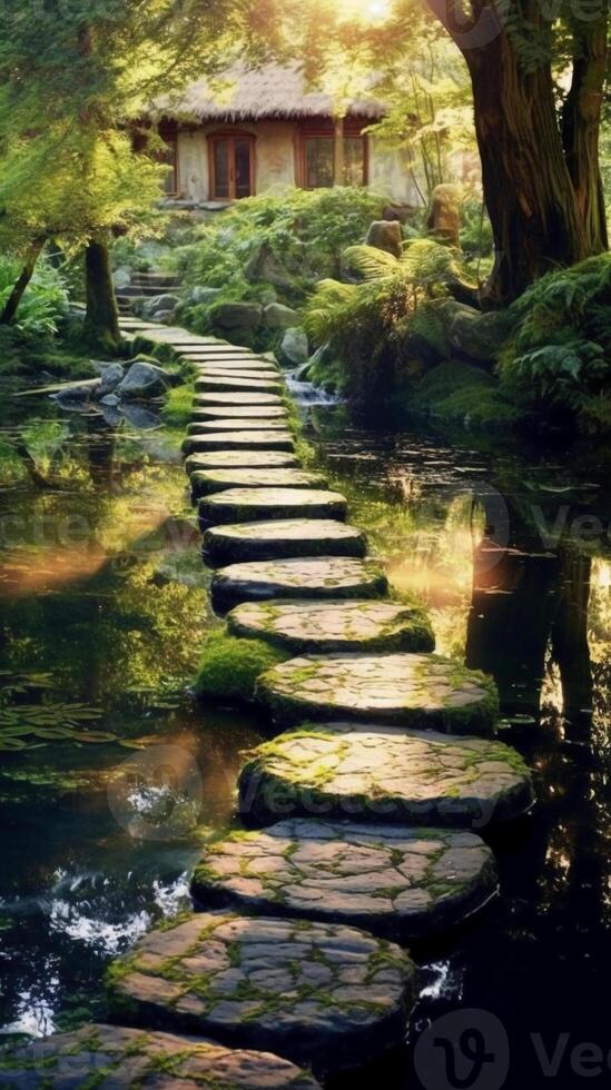 Luminous granite stepping stones leading to cottage in middle of pond. photo