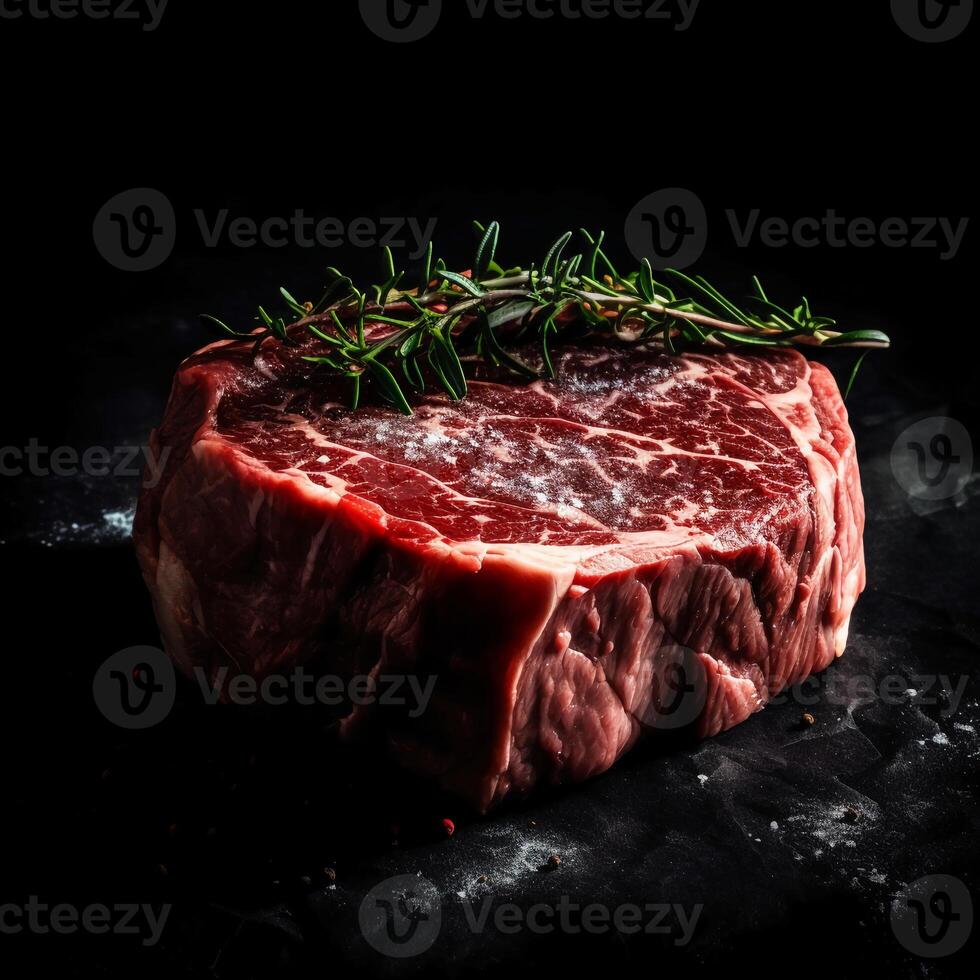 Fresh uncooked beef steak, black background. photo