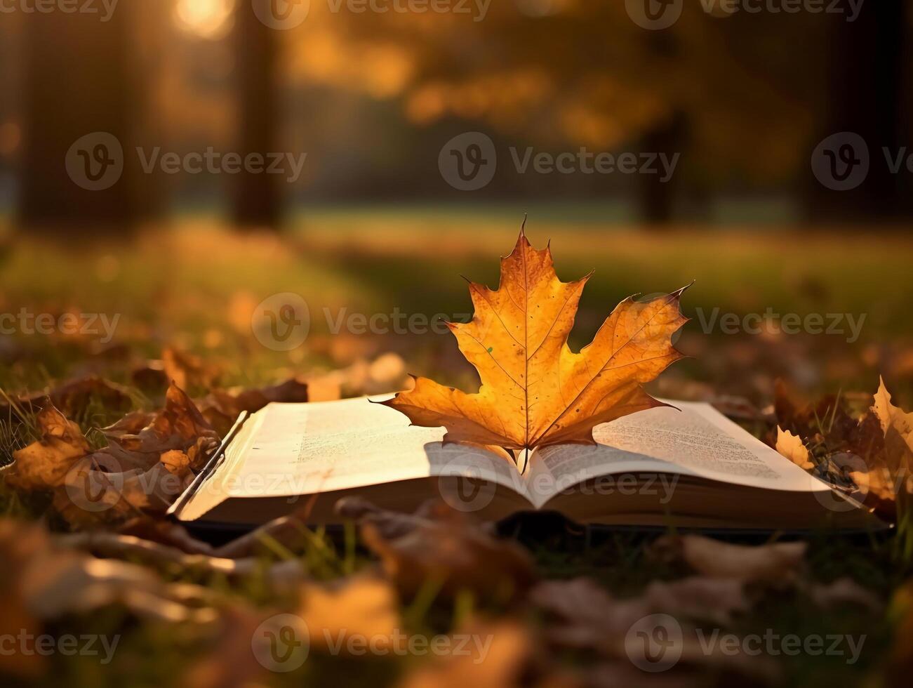 libro en un hoja con arce árbol a antecedentes. ai generativo foto