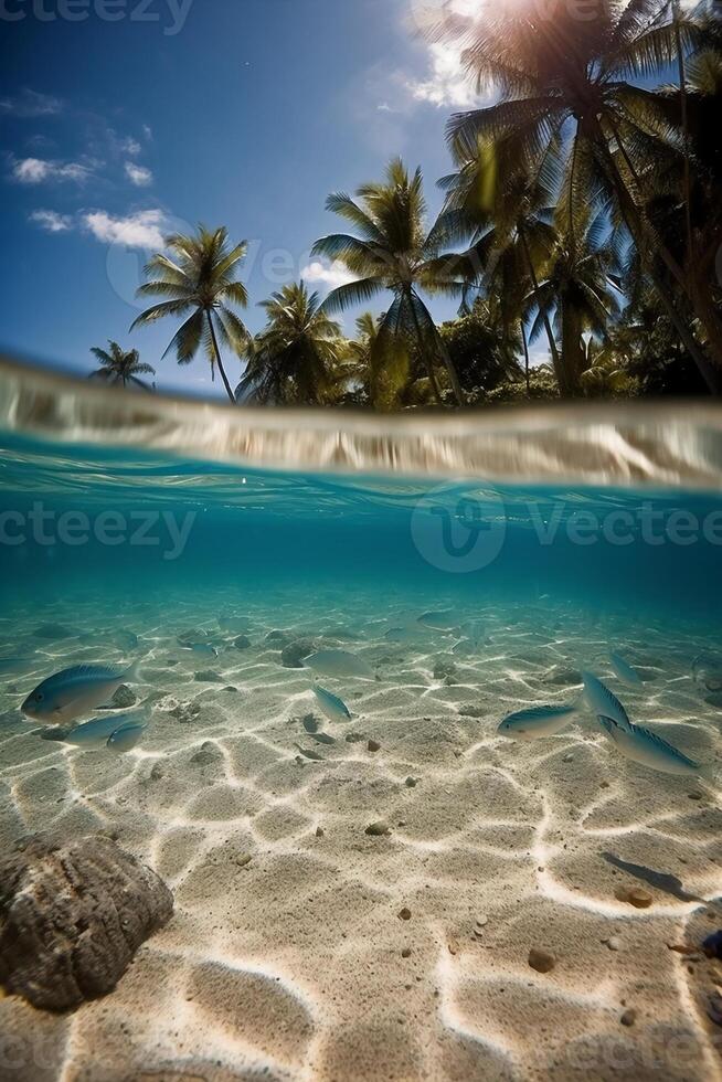Photograph of beautiful inviting beach scene with blue sky. photo