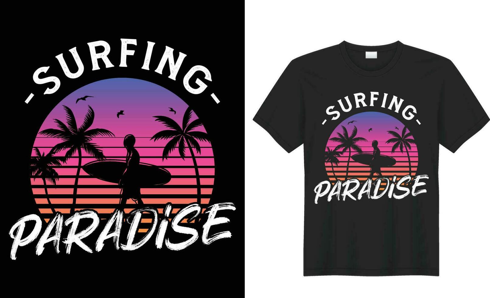 Summer T-shirt Design. Summer paradise,Surf Paradise,Break The Waves,Sea Beach,California Beach, Santa Monica Beach with palm trees silhouettes, typography, print, vector illustration.Global swatches.