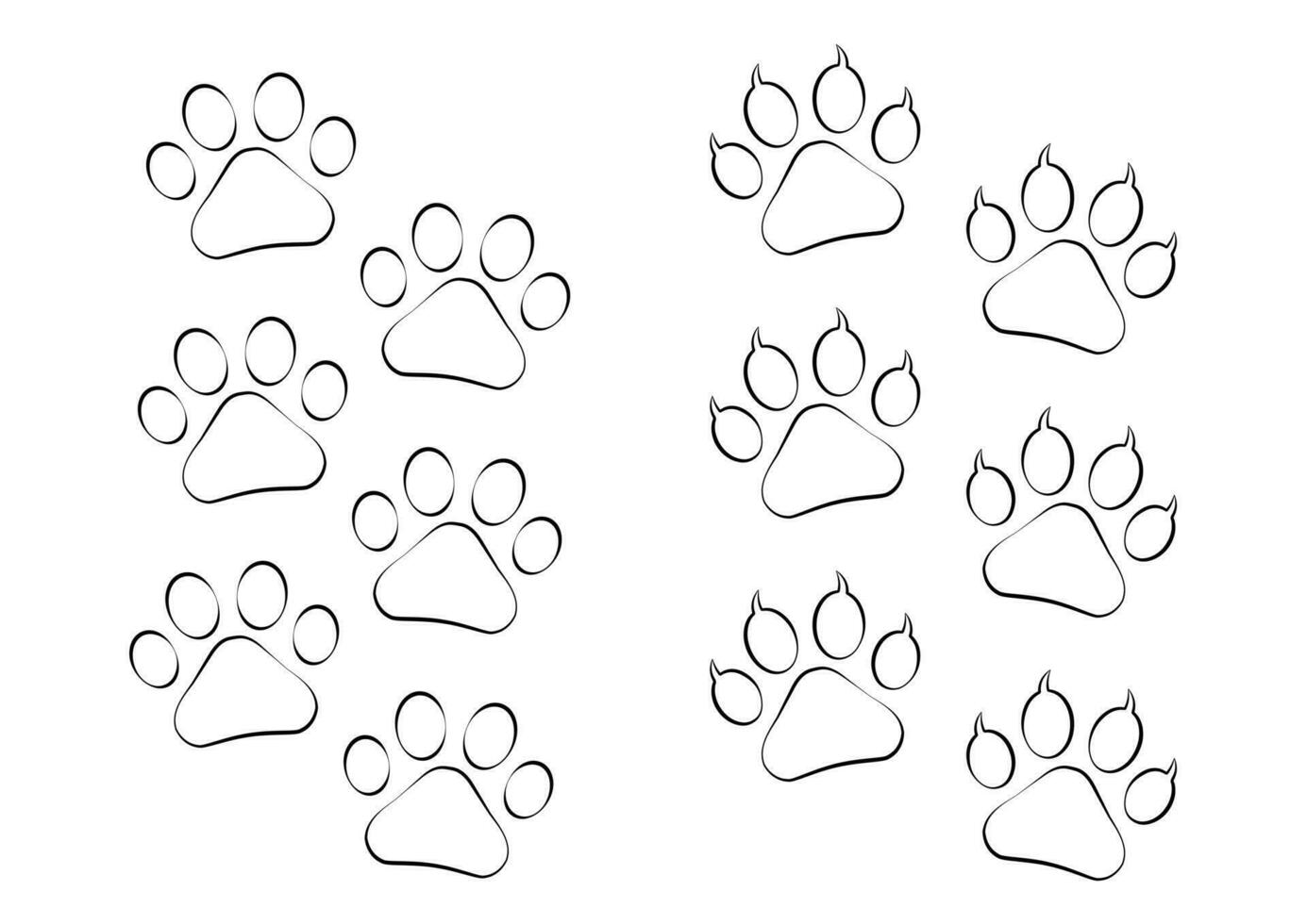 negro y blanco gato y perro huellas icono colorante página vector