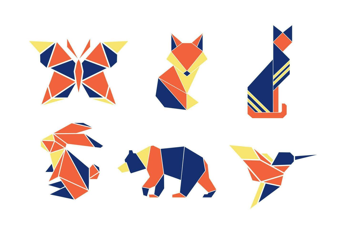 geométrico colorido origami tangram animales vector sencillo ilustración gato, pájaro, oso, conejo, zorro, mariposa editable