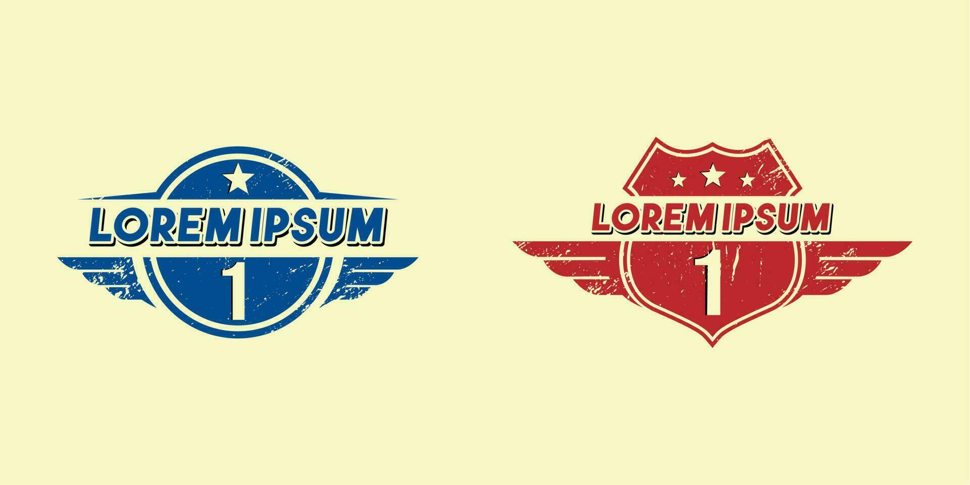 Number one logo Badge illustration vector route 66 grunge style emblem with wings, retro frame, border