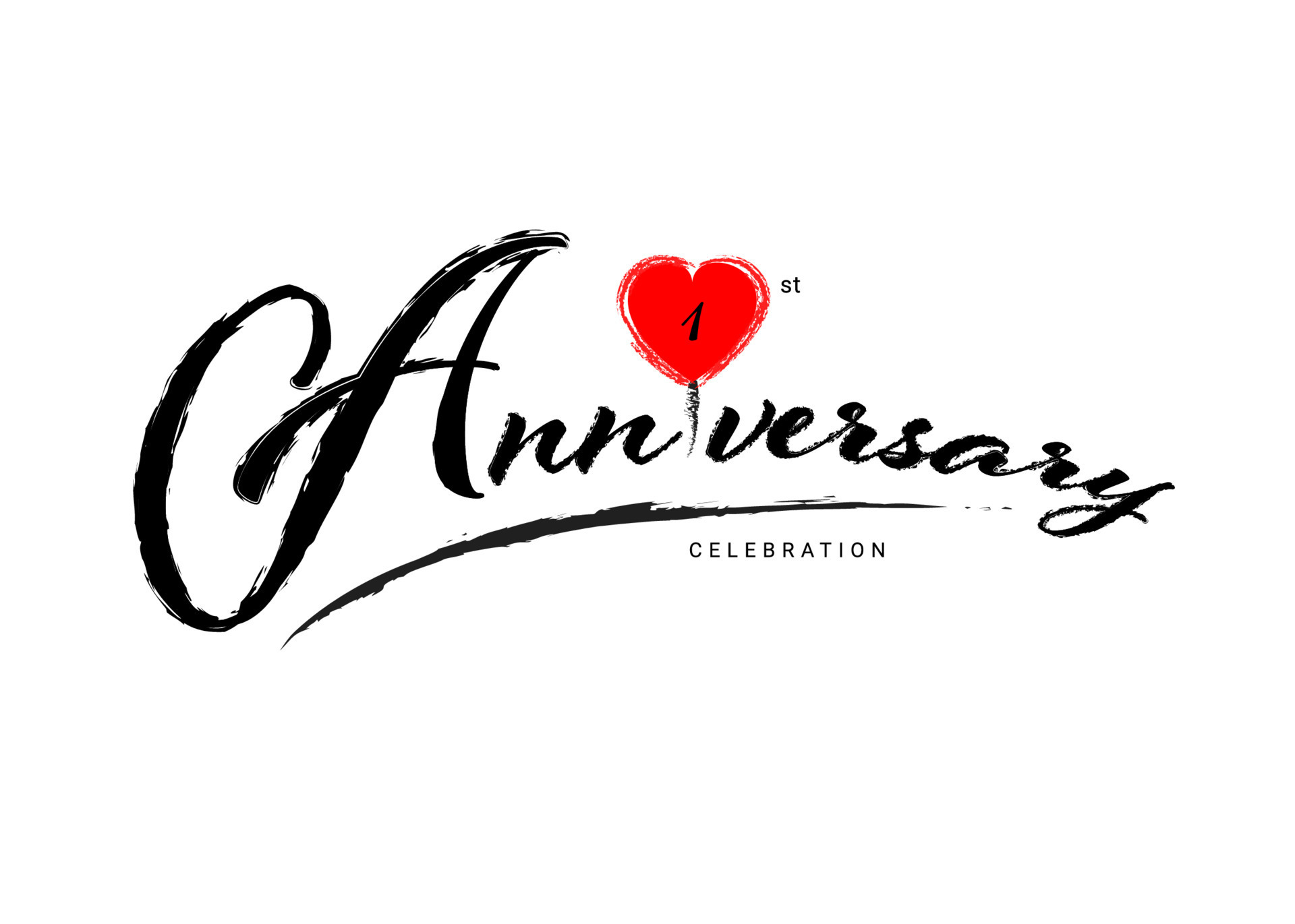 1 Years Anniversary Celebration logo with red heart vector, 1 number logo design, 1st Birthday