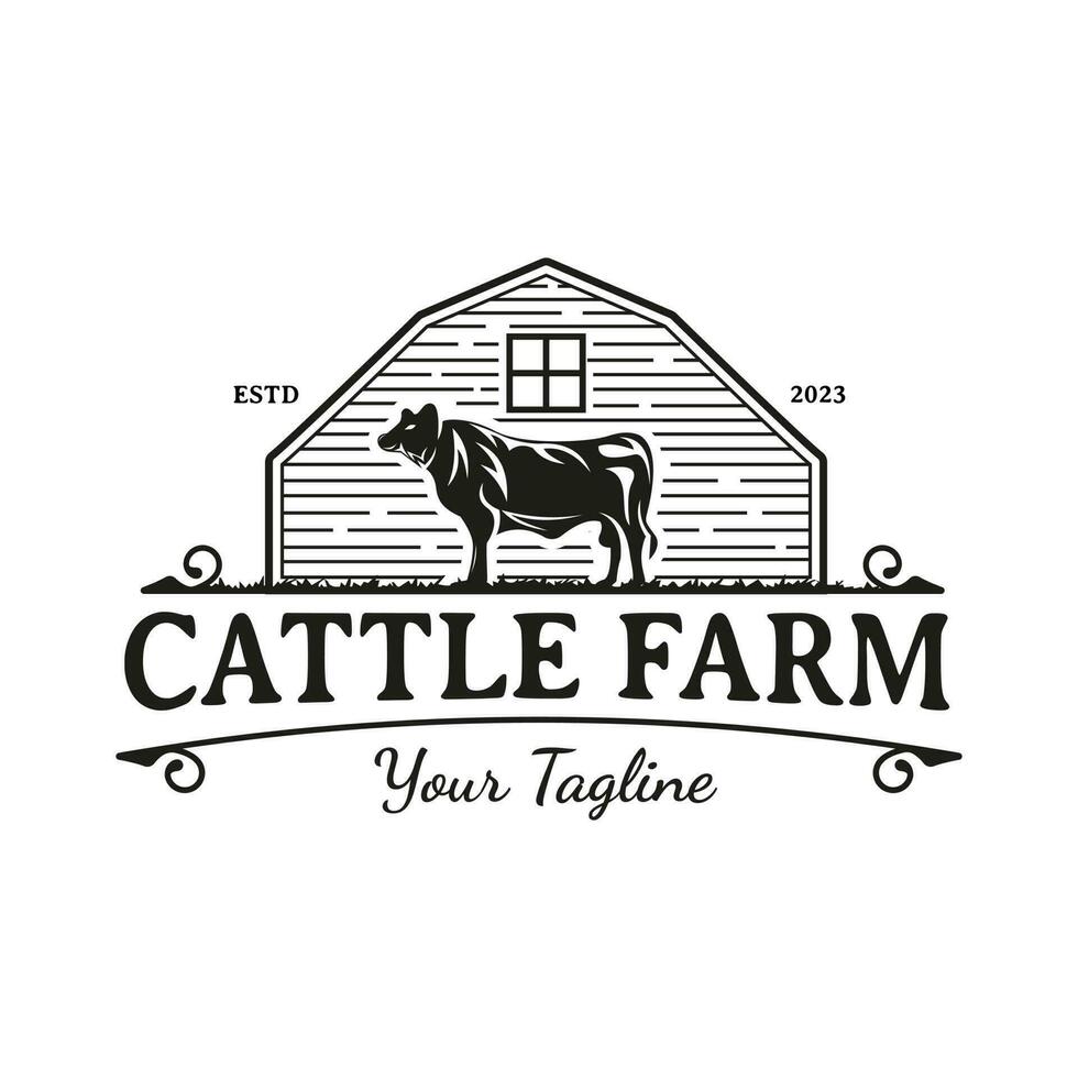 Country western classic ranch logo with cows and barn in vintage style. vector