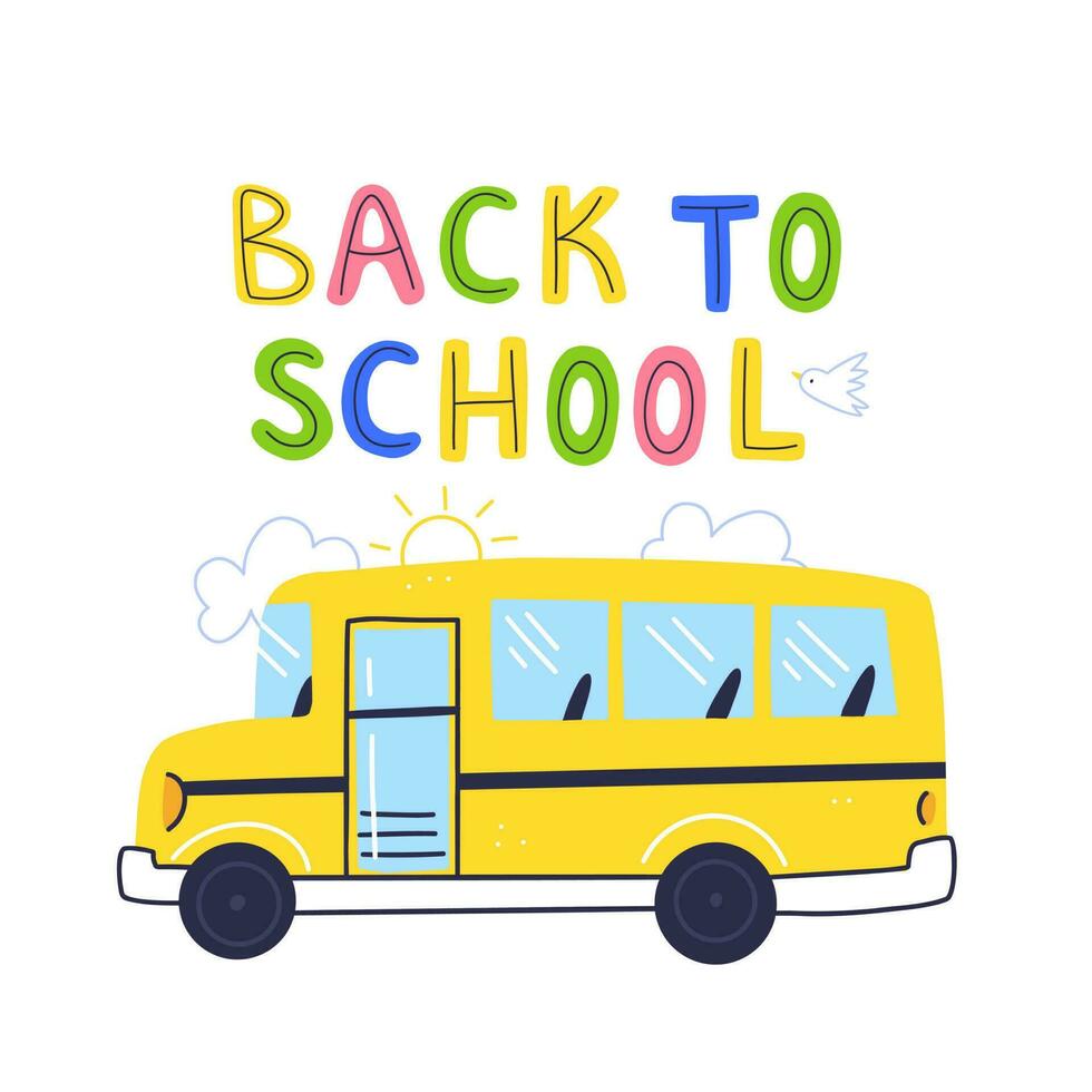 Back to school concept poster design with school bus. Yellow bus in cartoon flat style. Vector illustration.