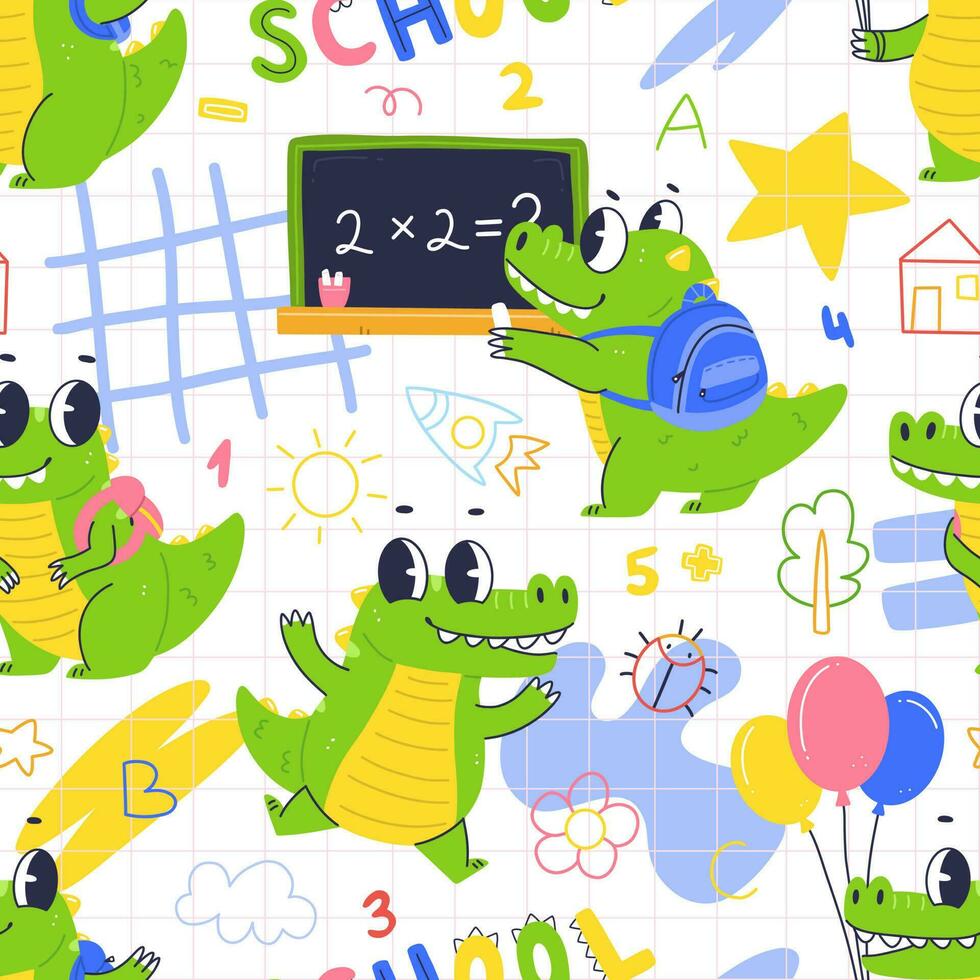 A school seamless pattern with a cute crocodile character student. Vector elementary school illustration background.