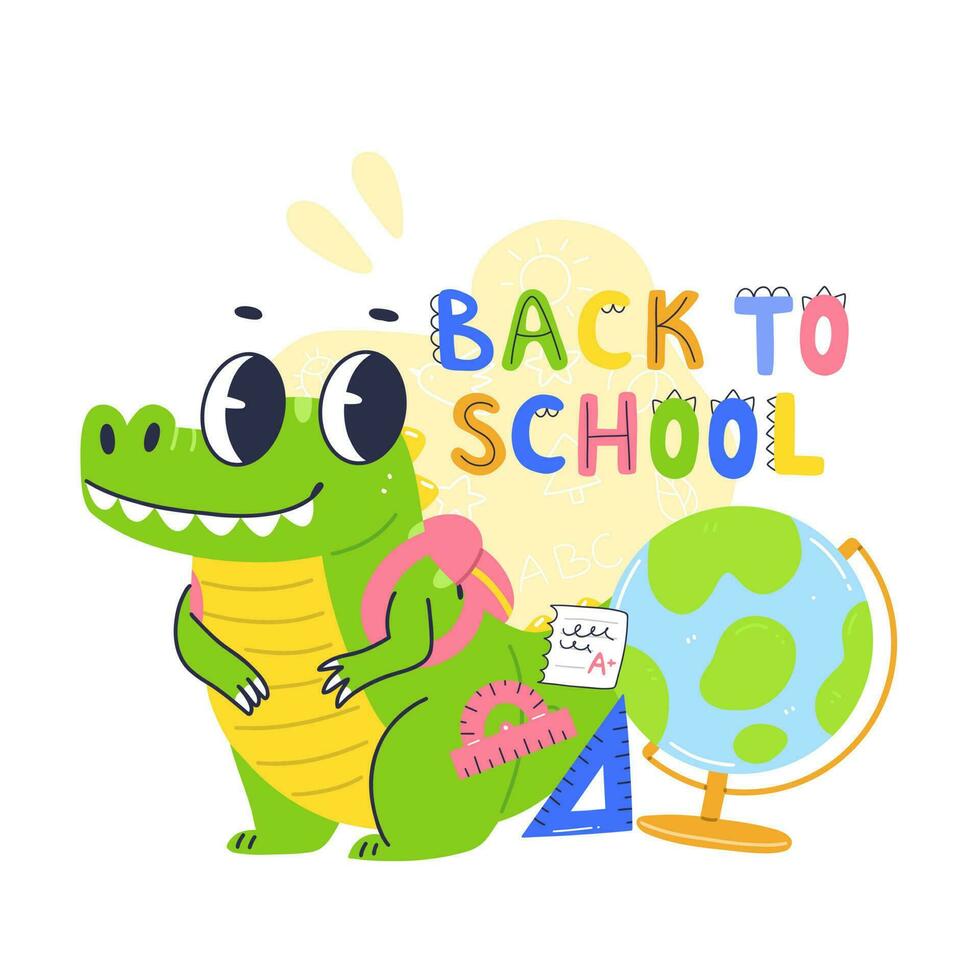 Back to school concept poster design with cute crocodile character. Happy baby crocodile with backpack and globe in cartoon flat style. Vector illustration.