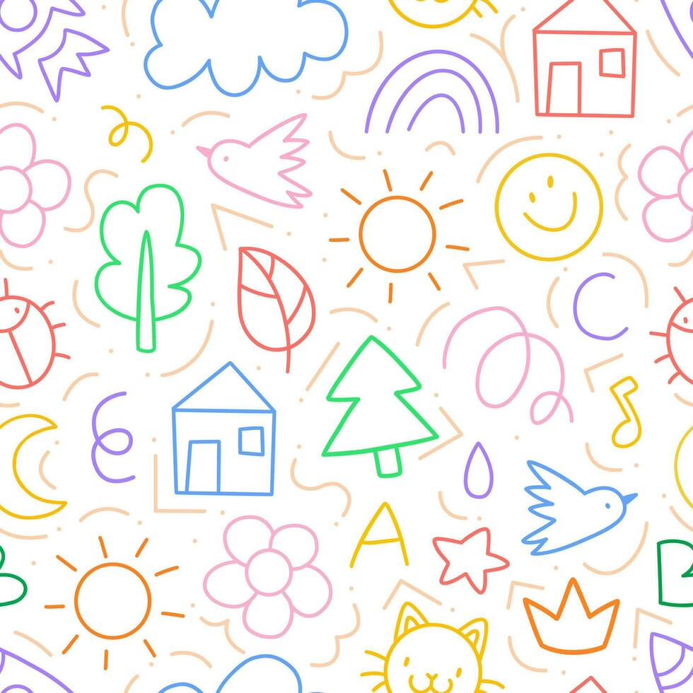 Seamless children's pattern with colorful funny doodles with a checkered paper texture. Pattern with cute baby scribbles. Vector illustration background.