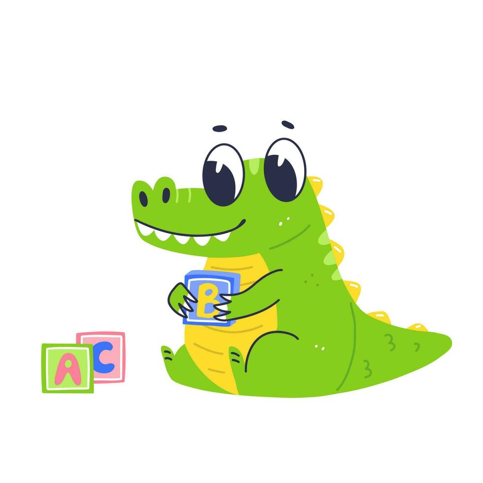 Cute crocodile character playing with cubes. Cartoon flat baby crocodile. Vector isolated illustration.