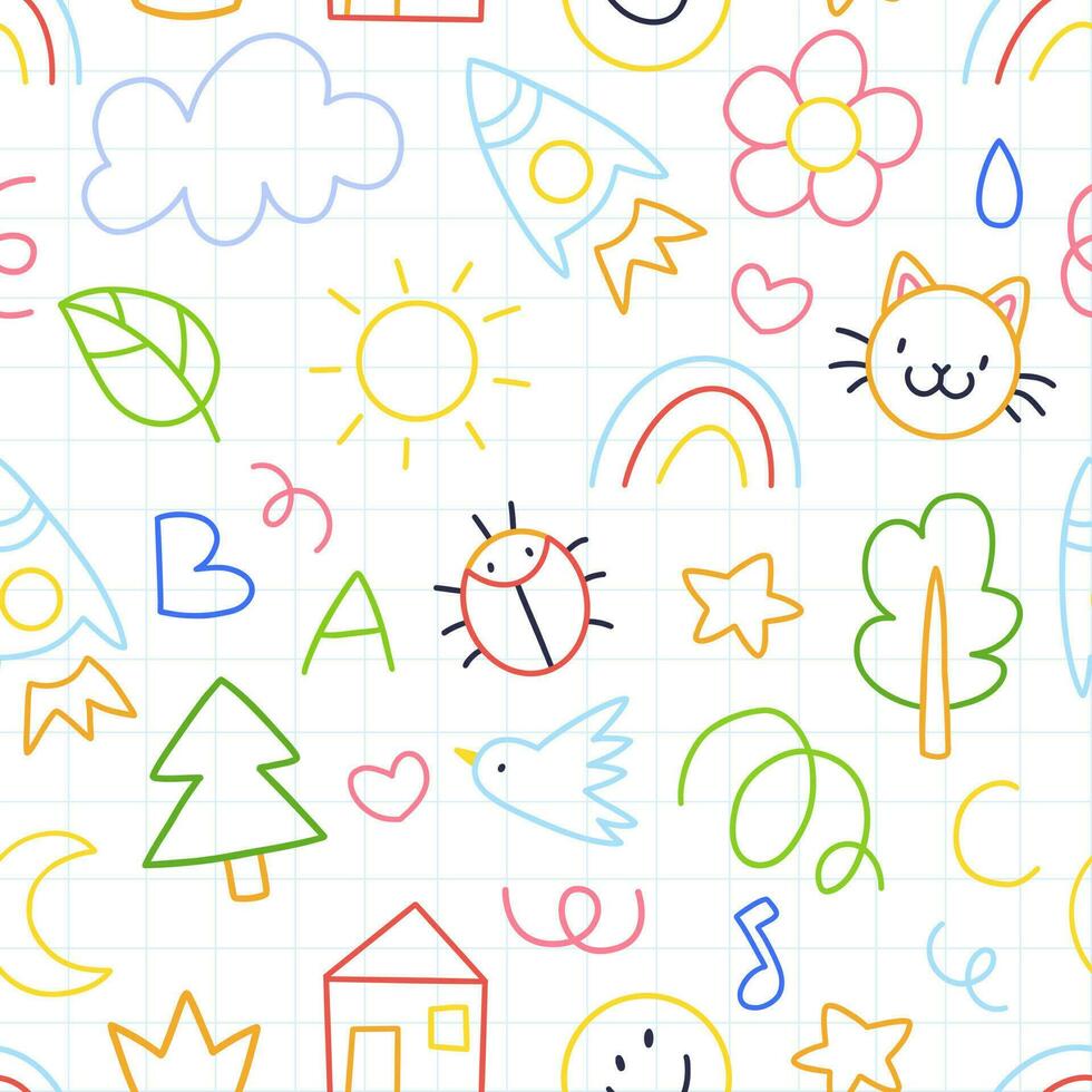 Seamless children's pattern with colorful funny doodles with a checkered paper texture. A pattern with cute children's doodle drawings. Vector illustration background