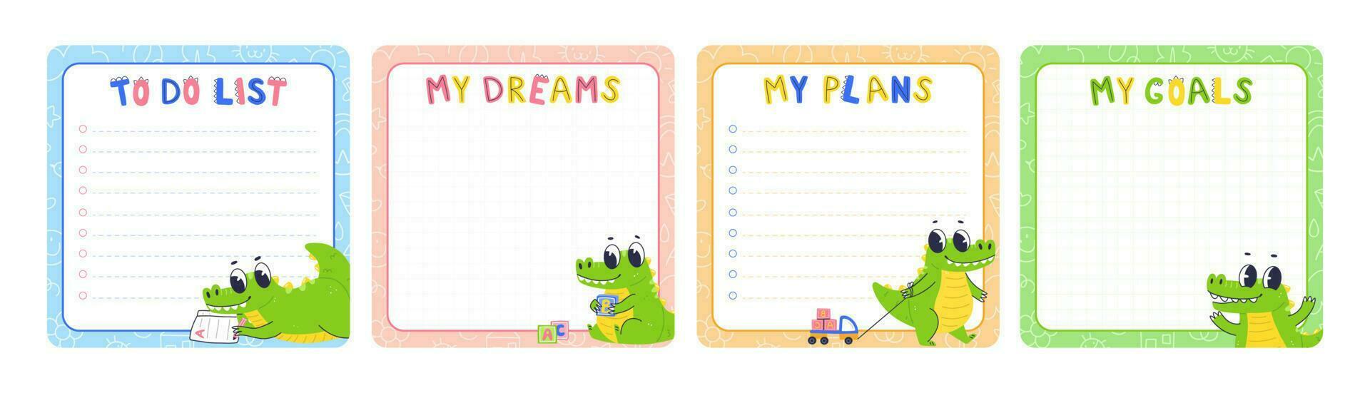 Paper children's notebook design with cartoon crocodile character. Ready-made design of multi-colored notebook pages template vector