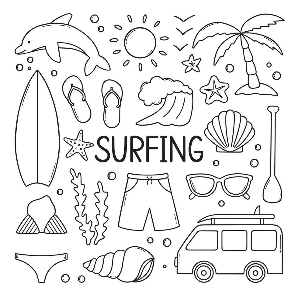 surf garabatear colocar. verano elementos. tabla de surf, ola, delfín, palmera, pantalones cortos en bosquejo estilo. mano dibujado vector ilustración aislado en blanco antecedentes