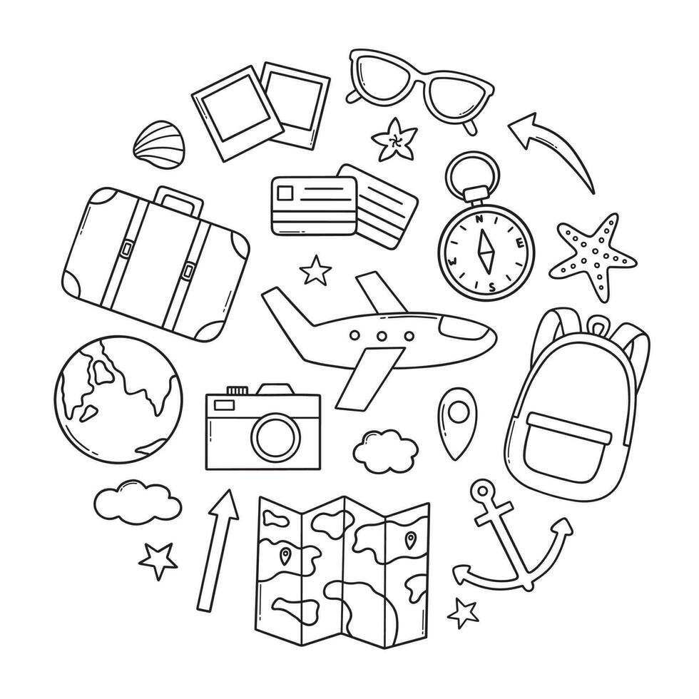 Travel doodle set. Summer vacation, tourism elements in sketch style. Bag, ticket, transport, camera, map. Summer Adventure. Hand drawn vector illustration isolated on white background