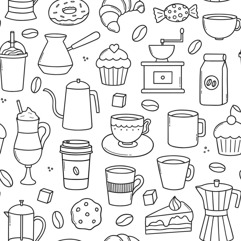 Seamless pattern of coffee time doodle. Teapots, cups, turk and sweets in sketch style.  Vector illustration