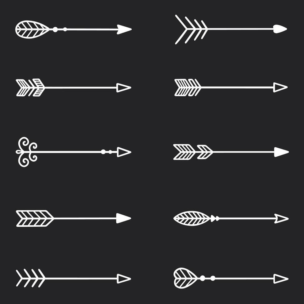 Boho arrows doodle set. Hipster ethnic decorative elements. Hand drawn vector illustration isolated on black background
