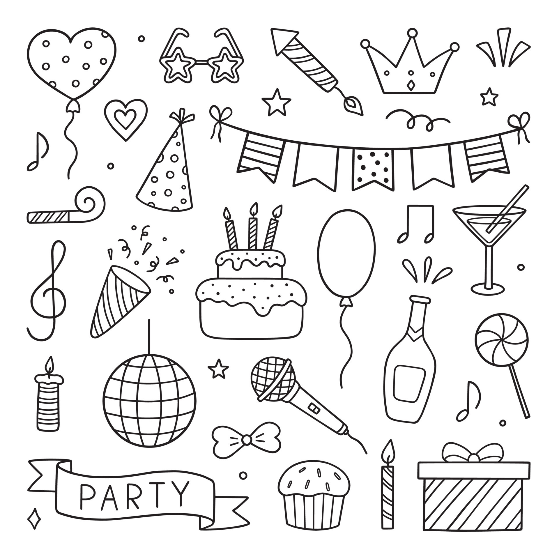 conjunto de fiesta garabatear. bosquejo de cumpleaños decoración