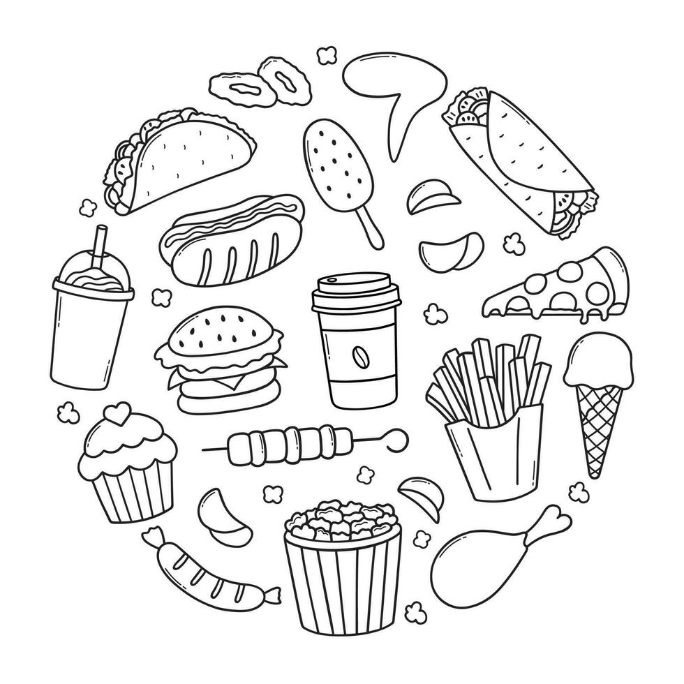 Fast food doodle set. Hamburger, ice cream,  hot dog, pizza in sketch style. Vector illustration isolated on white background.