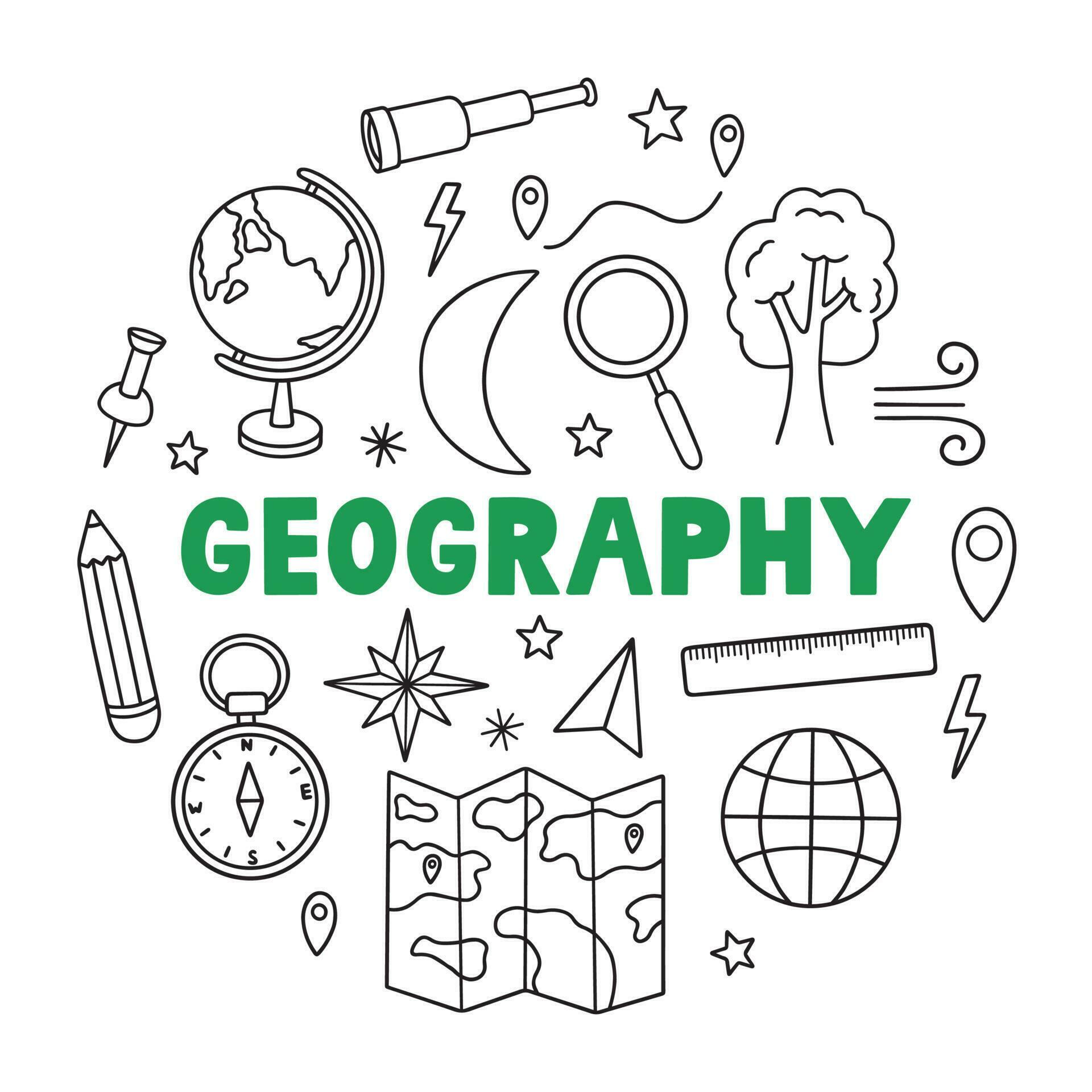 Geography doodle set. Education and study concept. map, globe, ship, compass in sketch style