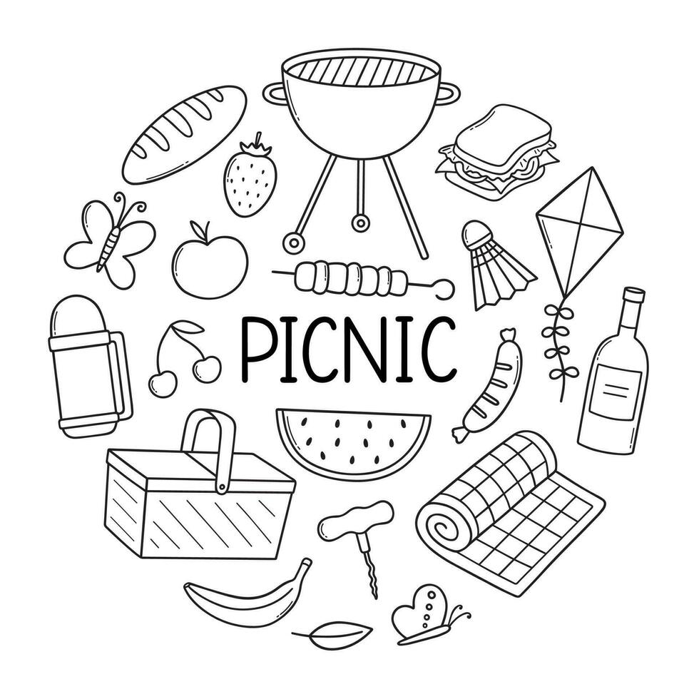 Summer picnic doodle set. Basket, fruit, barbecue, badminton, thermos in sketch style. Hand drawn vector illustration isolated on white background