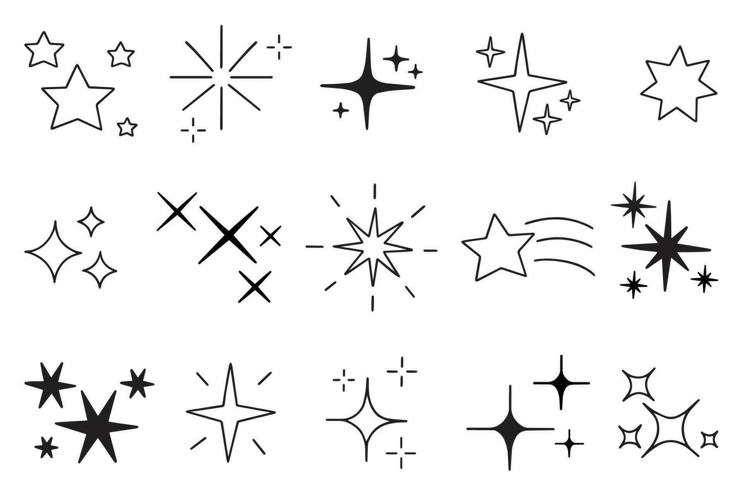 Sparkles and Twinkling stars doodle set. Glitter burst, shining star, falling star, firework, magic sparkle icons. Hand drawn vector illustration isolated on white background.