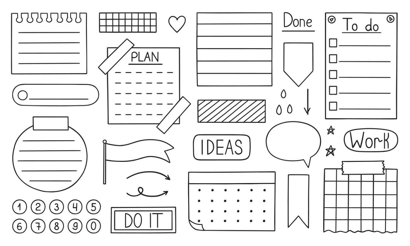 Hand drawn bullet journal doodle. Set of notes, ribbons, frames, stickers for bullet journal, notebook, diary and planner. Vector illustration isolated on white background.