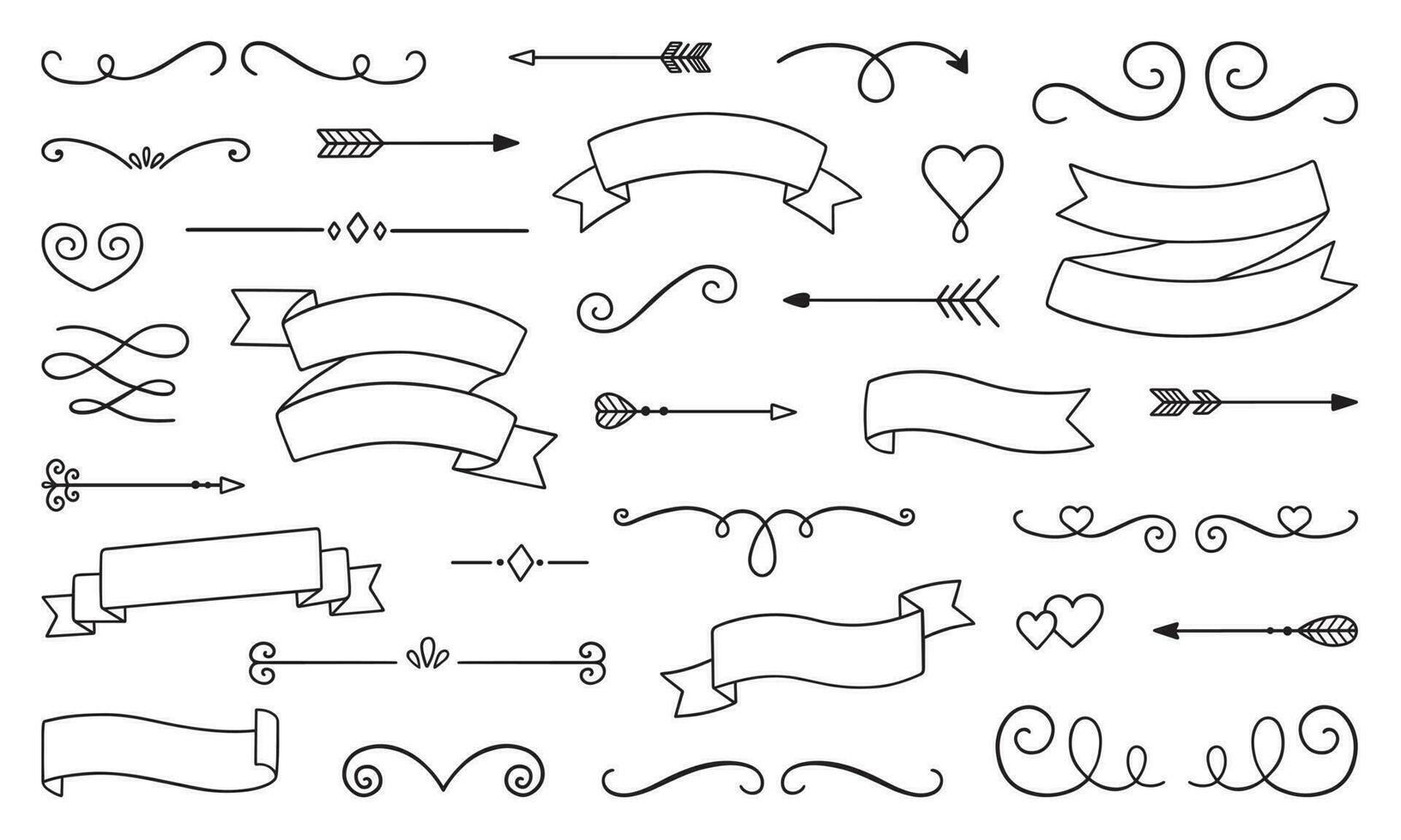 Decorative elements doodle set. Boho arrows, ribbons, text dividers. Divider ornament, borders, lines. Hand drawn vector illustration isolated on white background
