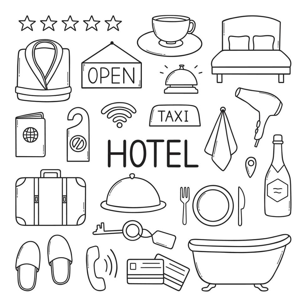 Hotel service doodle set. Suitcase, passport, bathrobe, dryer, bed in sketch style. Hand drawn vector illustration isolated on white background