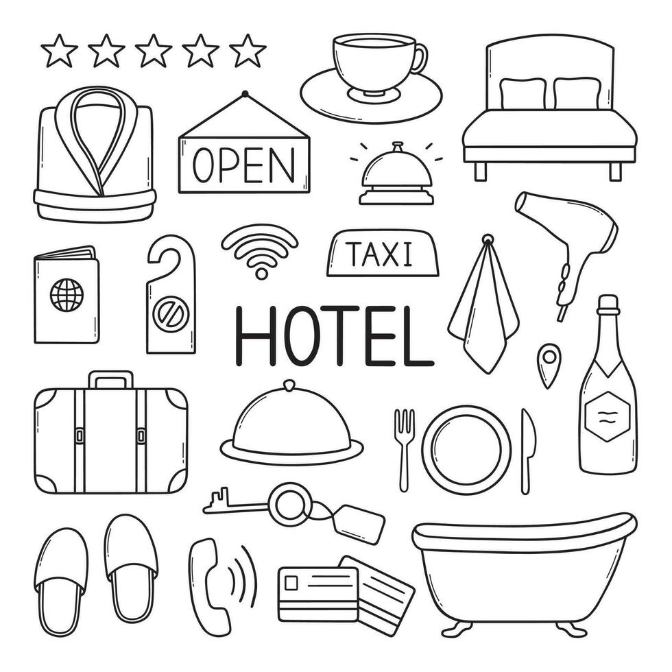 hotel Servicio garabatear colocar. maleta, pasaporte, bata de baño, secadora, cama en bosquejo estilo. mano dibujado vector ilustración aislado en blanco antecedentes