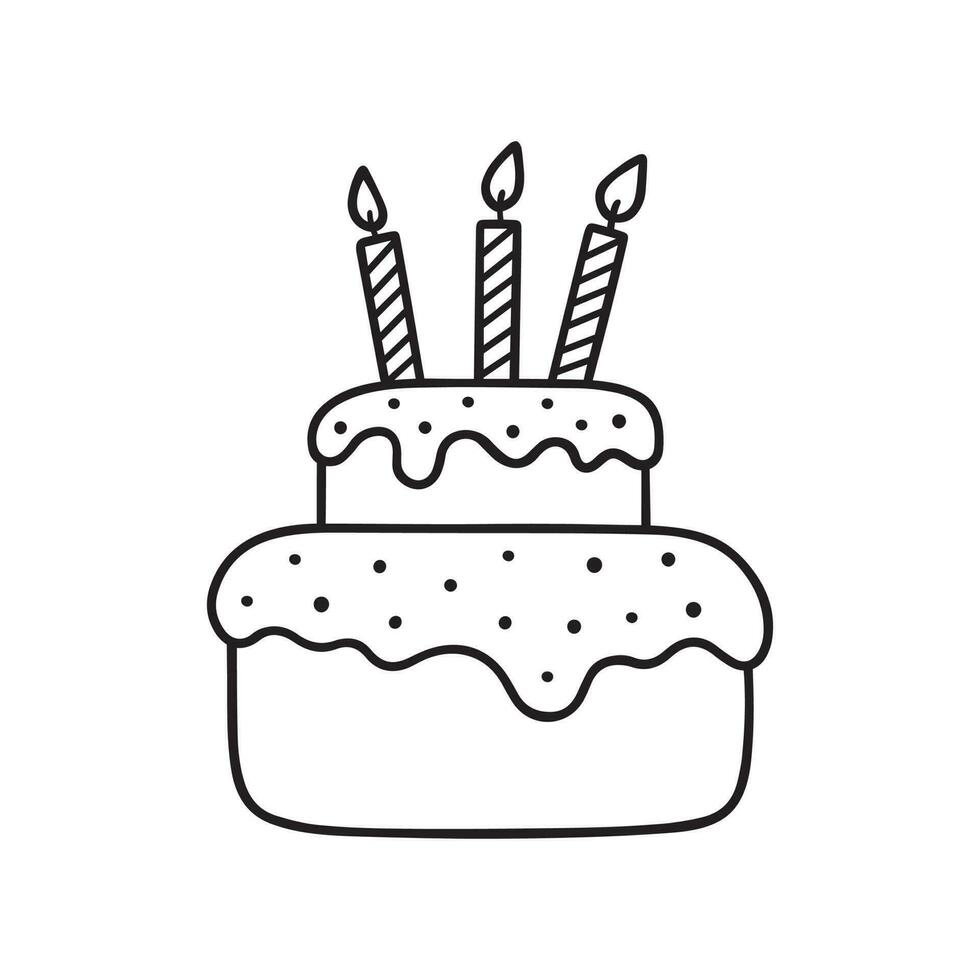 Birthday cake with three candles doodle. Hand drawn vector illustration isolated on white background