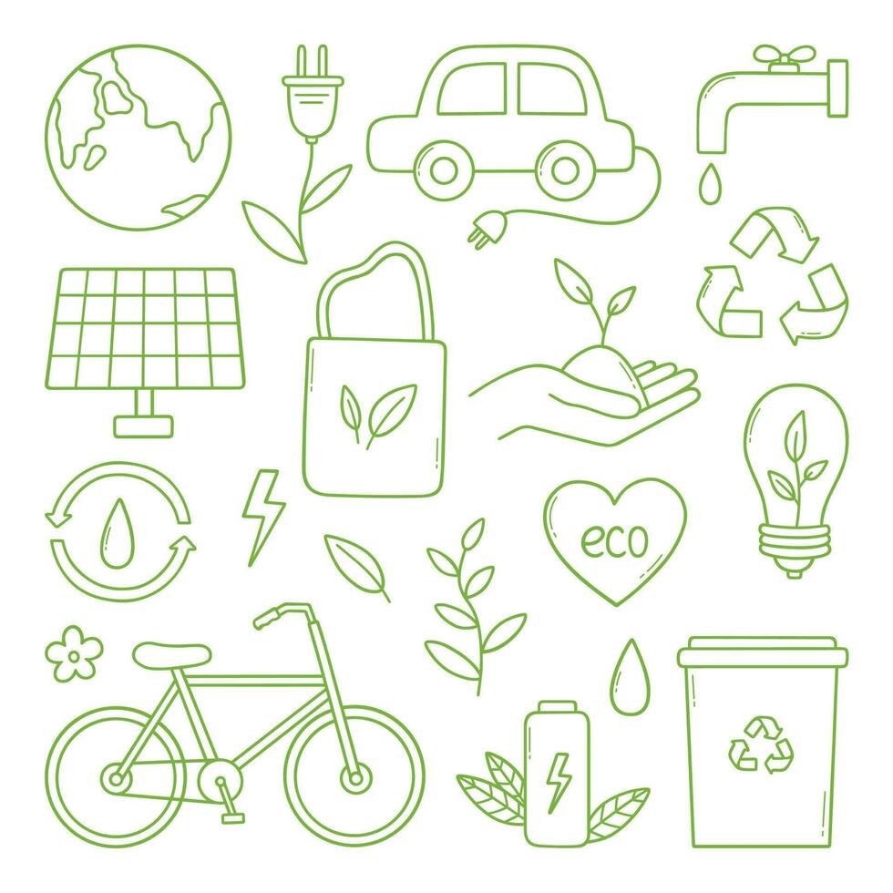 Ecology doodle set. Green energy, nature protection, zero waste, eco friendly concept. Vector illustration isolated on white background.