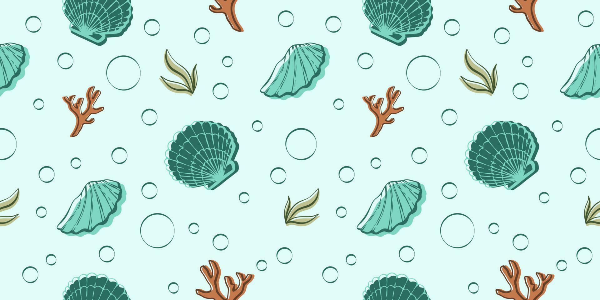 Seamless pattern with shells. Vector illustration. Sea clums seamless pattern. Tropical underwater world.