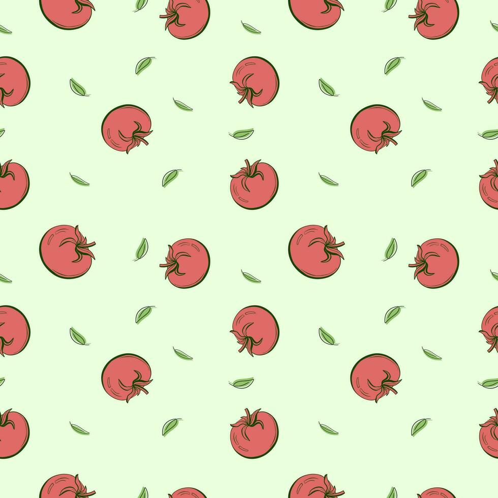 Seamless red green tomato pattern. Hand drawn fresh vegetables. Flat vector sketch background and contour line outline. Doodle wallpaper. Red and green print.