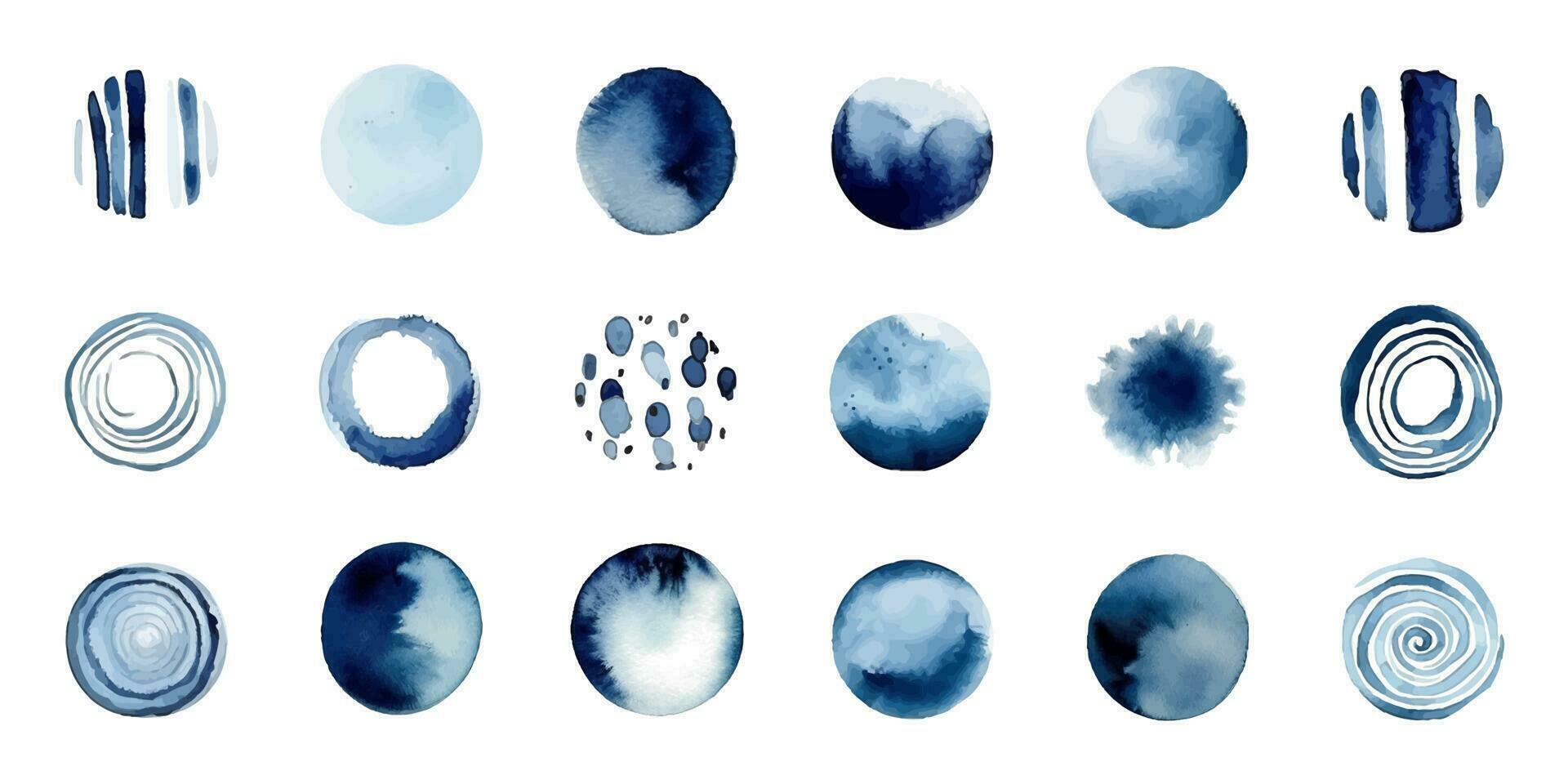 conjunto de resumen acuarela círculos y salpicaduras vector ilustración. azul y blanco colores.
