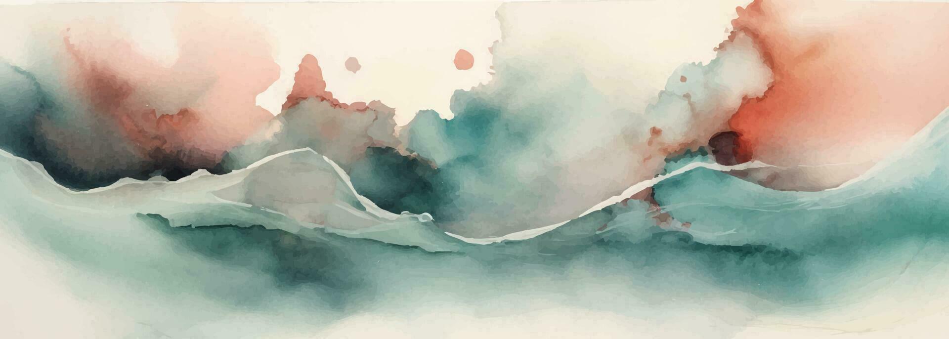 Abstract watercolor landscape with mountains or seascape with waves. Hand drawn illustration for your design and background with teal green and rose peach colors. vector