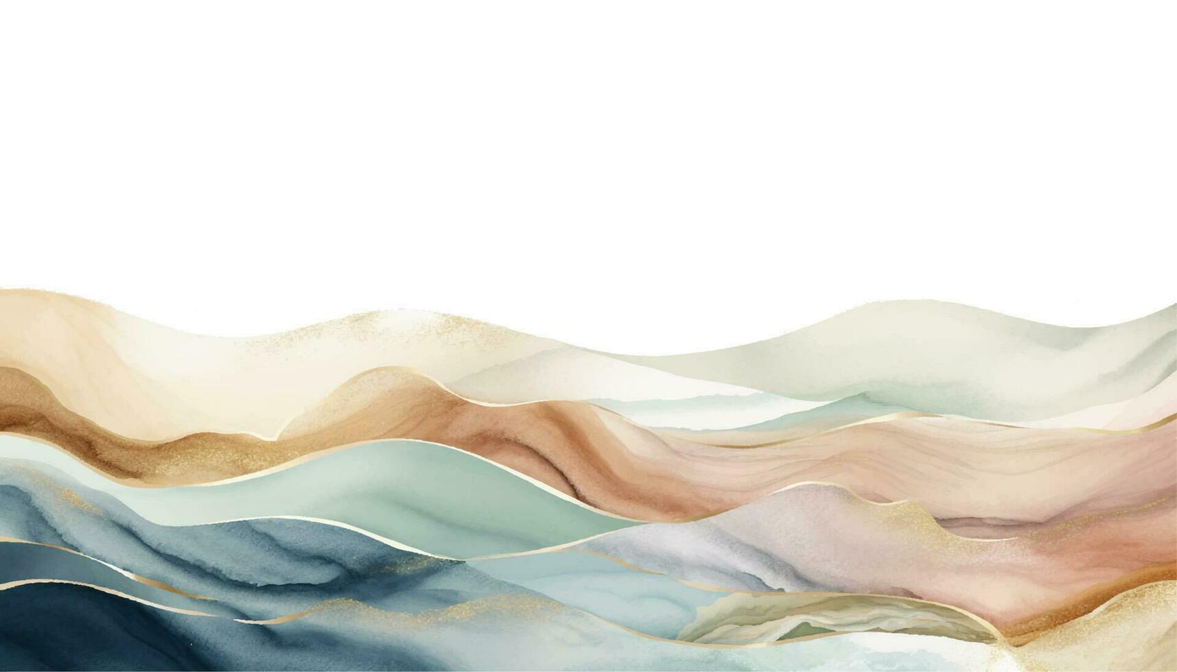 Waves or mountains of Blush, earth tone blue, teal, ivory, rose abstract background with watercolor, ink splashes and gold glitter. Luxury Background. vector