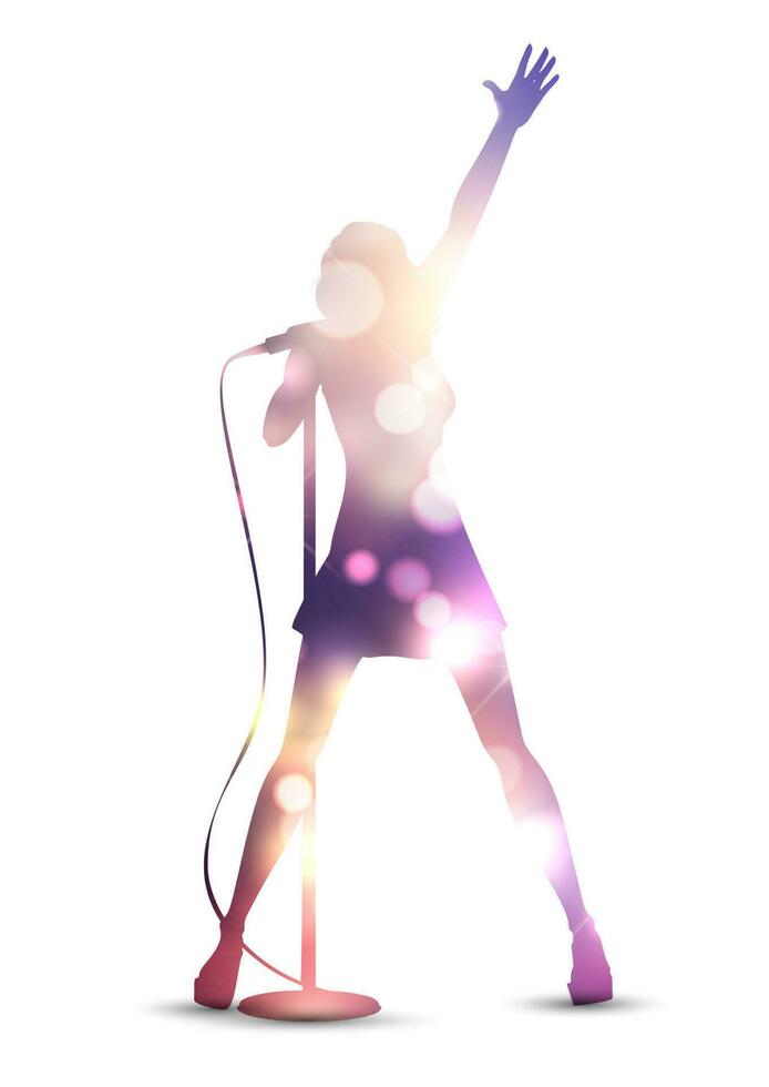 silueta de un hembra cantante con bokeh luces diseño vector