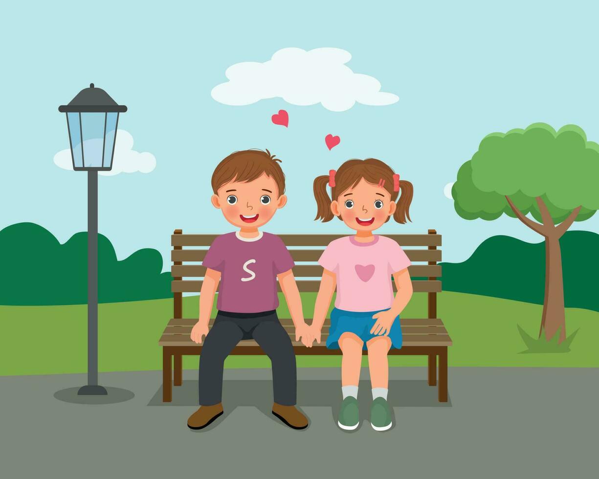 Happy valentine day little couple boy and girl sitting on bench holding hands at the park vector