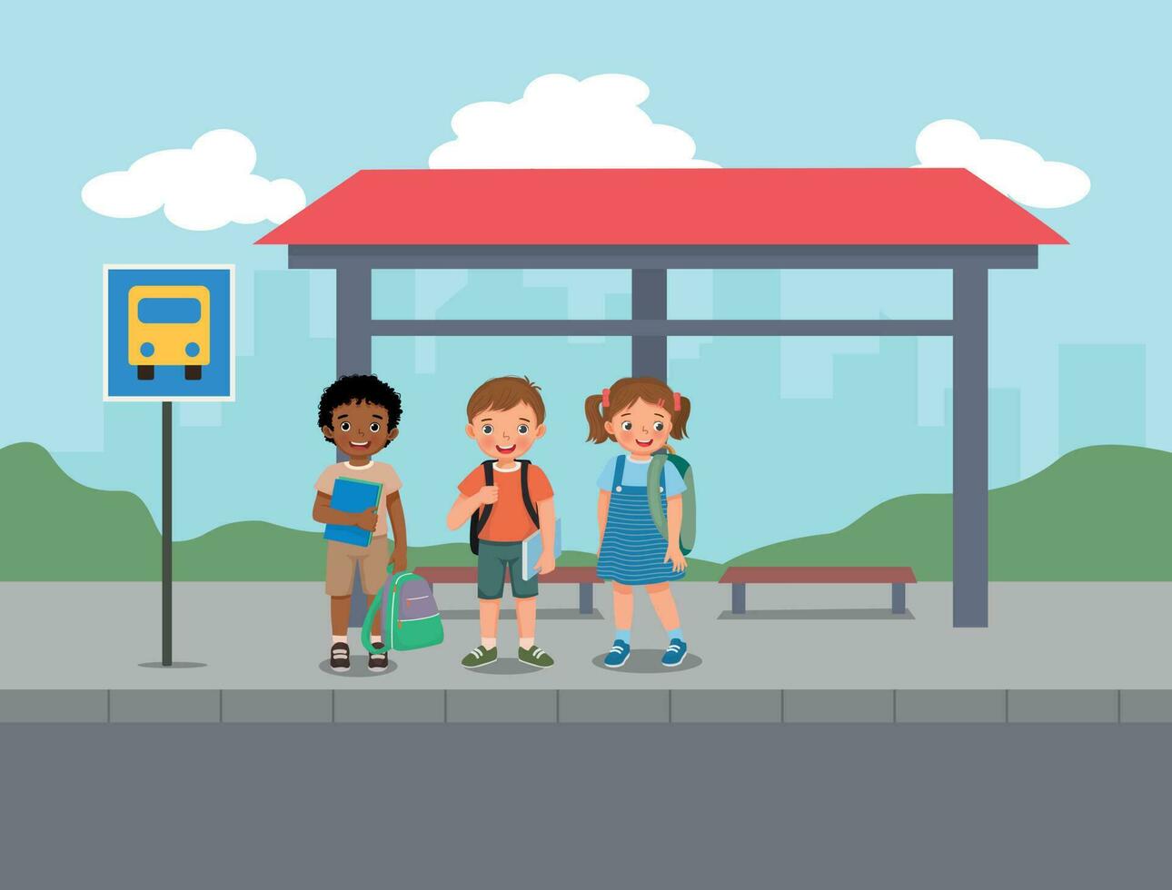 grupo de pequeño estudiantes esperando para colegio autobús a el autobús detener vector
