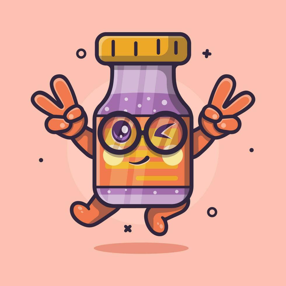 linda vacuna botella personaje con paz firmar mano gesto aislado dibujos animados en plano estilo diseño vector