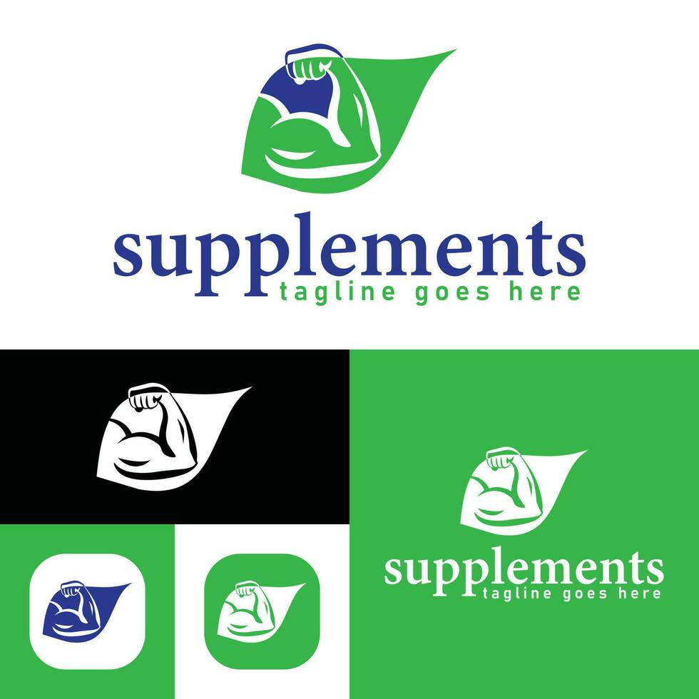 Simple supplements leaf and muscle logo. Creative concept, healthy life. Minimalistic Vector Illustration. Modern logotype.