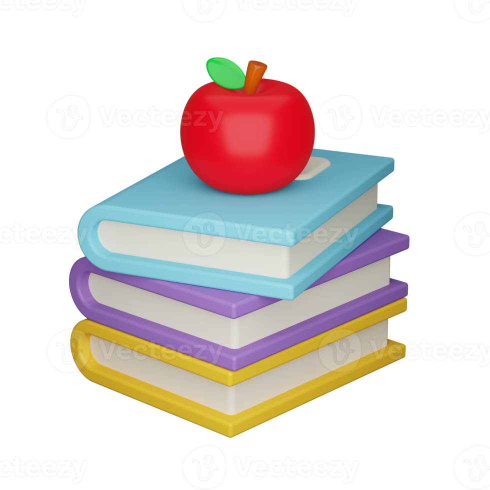 Red apple on stack of books 3d. png